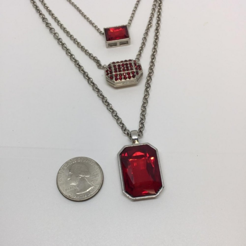 Silver 3 Drop Ruby Red Rhinestone Necklace1292 - image 4
